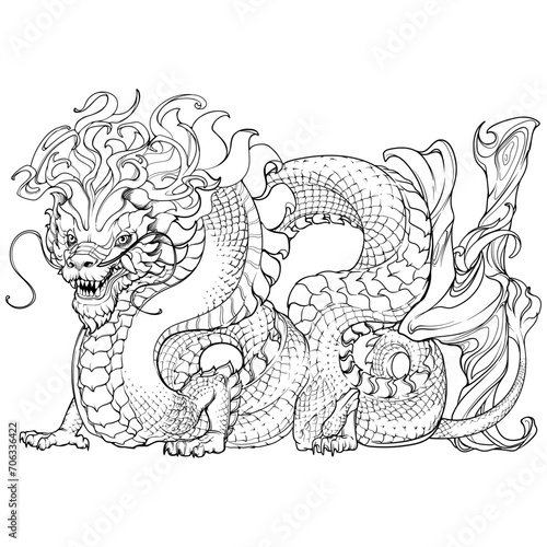 Chinese Dragon full body drawing. Zodiac symbol of the New Year 2024. Dragon body curved to form 2024. Hand-drawn line drawing isolated on a white background.