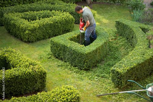 Gardener pruning a hedge in a maze with electrical trimmer, elevated view
