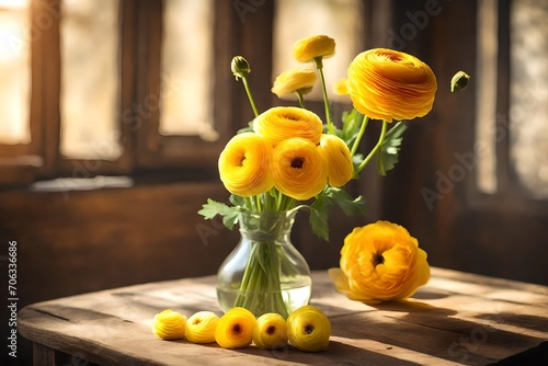 Yellow bouquet of Persian buttercup flowers in a vase on a wooden table in soft natural light with soft selective focus and copy space. Spring flowers indoor Ranunculus .