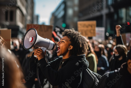 An image capturing the energy of a rally calling for racial equality and police reform - with a diverse crowd of protesters holding signs and chanting