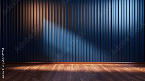 empty room with blue wall , wooden floor and spotlight,dark blue corrugated wall background with shadow sunlight. A bright blue room with a warm wooden floor and modern vertical blinds.  photo