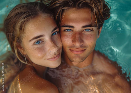 Portrait of young happy beautiful couple swimming in tropical sea and enjoying summer holiday.Macro.AI Generative. © DenisMArt