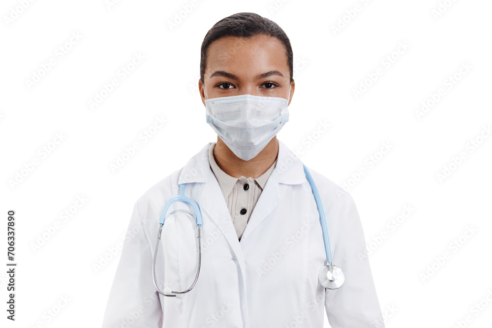 Medium close up shot of Black woman physician isolated on white background looking at camera wearing lab coat with face mask and stethoscope Medium close up shot of Black woman physician isolated on white background looking at camera wearing lab coat with face mask and stethoscope