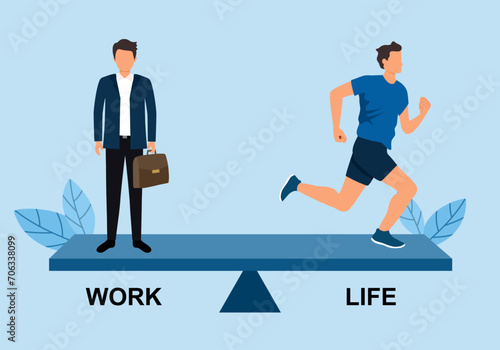 Work life balance concept. Businessman and jogging man on scale in flat design.
