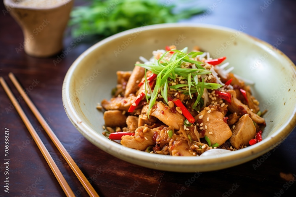 kung pao chicken with red pepper flakes on top kung pao chicken with red pepper flakes on top