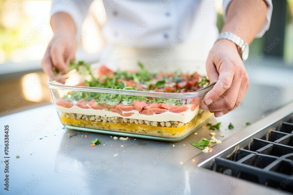 assembling lasagna layers in a glass baking dish assembling lasagna layers in a glass baking dish