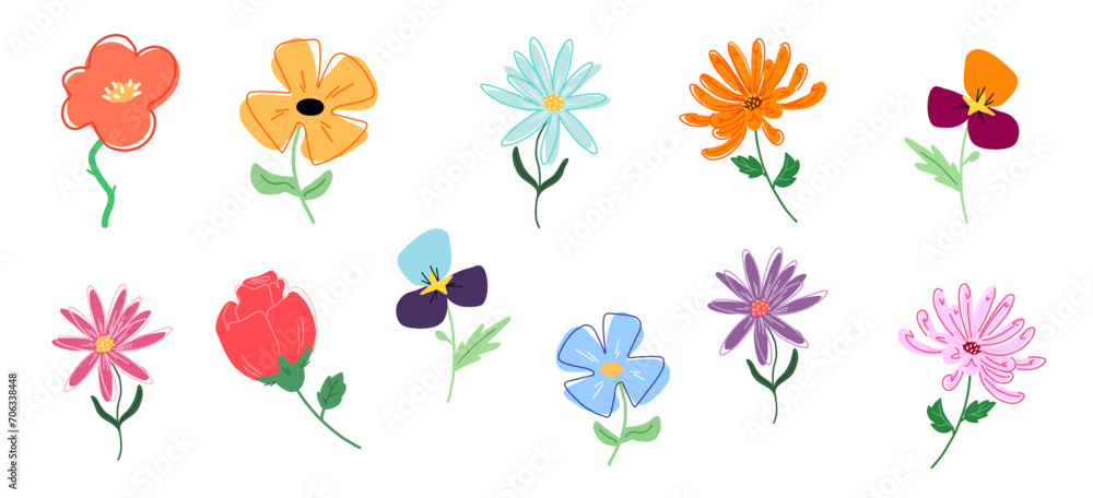 Fleurs minimalistes en aplats de couleurs. Fichiers vectoriel modifiable. Fleurs graphiques façon année 60-70. Fleurs variées et colorées, couleurs flashy.