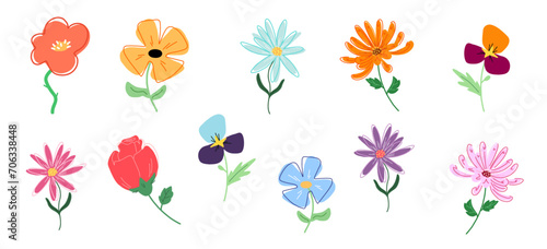 Fleurs minimalistes en aplats de couleurs. Fichiers vectoriel modifiable. Fleurs graphiques façon année 60-70. Fleurs variées et colorées, couleurs flashy. photo