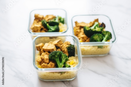 meal prep containers with scrambled tofu and brown rice