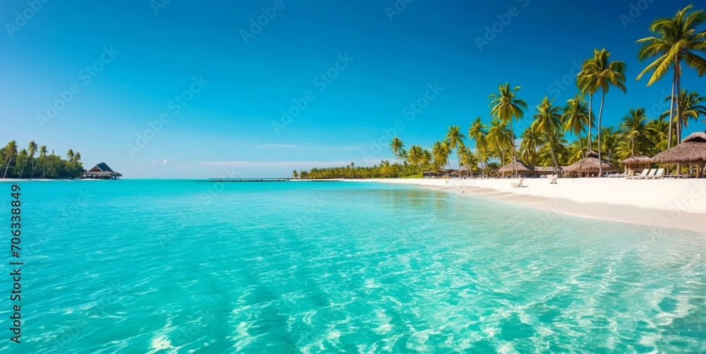Luxury resort seascape with calm island beach with palms and blue ocean.Landscape.AI Generative.