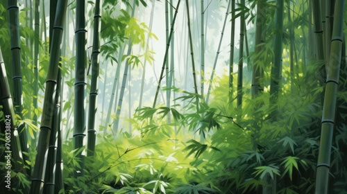 Illustration tropical bamboo forest lush green leaf sun rays morning.