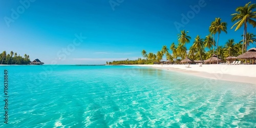 Luxury resort seascape with calm island beach with palms and blue ocean.Landscape.AI Generative. © DenisMArt