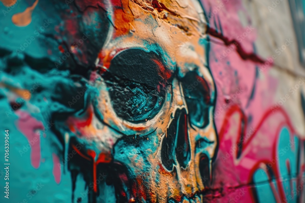 A wall covered in graffiti with a menacing skull painted on it. Perfect for edgy and urban-themed designs