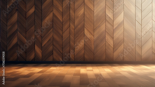 empty room with brown wood parquet wall , wooden floor and spotlight, A bright brown wood parquet room with a warm wooden floor and modern interior