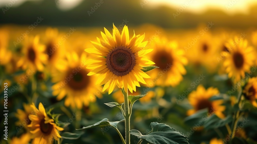 Fototapeta premium A field of sunflowers with the sun setting in the background.