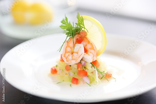 shrimp salad on white plate, lemon wedge, parsley garnish