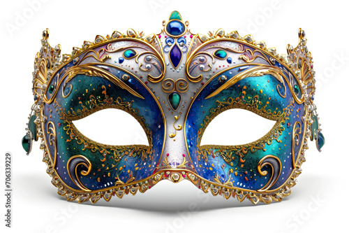 A blue and gold masquerade mask on a white background. Mardi Gras mask.