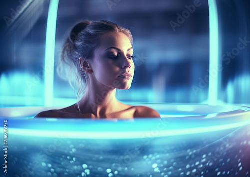 Beautiful woman relaxing in jacuzzi in luxury spa. Treatment for body and soul.Macro.AI Generative.