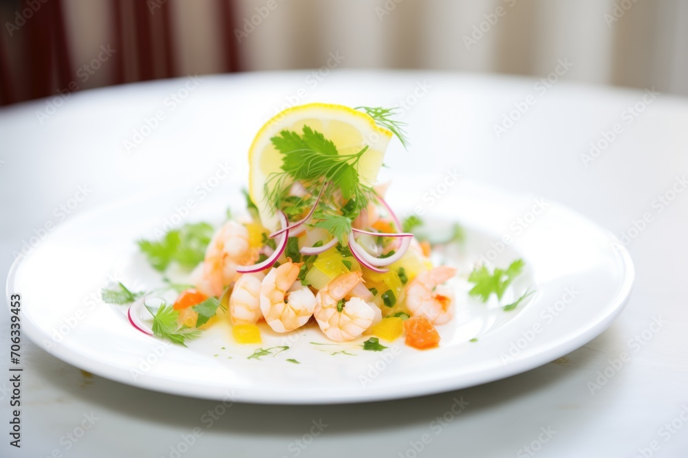 shrimp salad on white plate, lemon wedge, parsley garnish shrimp salad on white plate, lemon wedge, parsley garnish