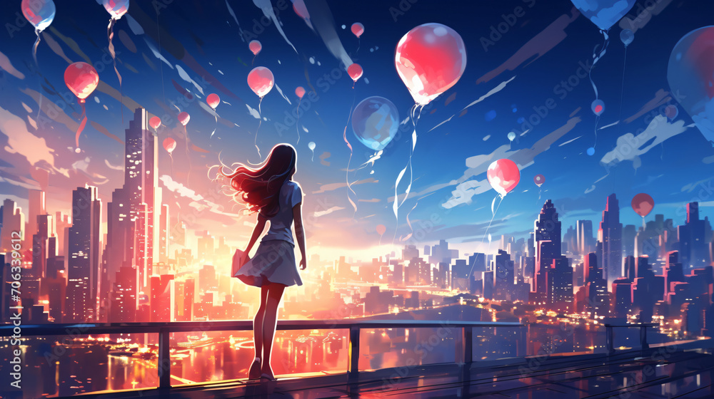 Young woman holding glowing balloon - obrazy, fototapety, plakaty 