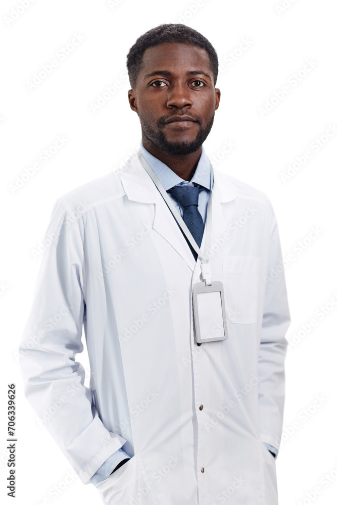 Medium shot of Black man scientist in lab coat wearing blank badge looking at camera while standing against white background with hands in pockets Medium shot of Black man scientist in lab coat wearing blank badge looking at camera while standing against white background with hands in pockets