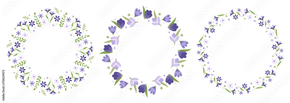 Spring set of decorative round frames with flowers. Floral wreaths. Design elements for greeting card, invitation, sale, advertising, poster, scrapbooking. Vector illustration.