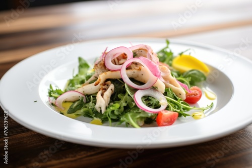 grilled calamari salad, mixed greens, red onion, lemon zest
