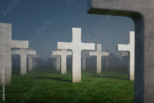 Fotografie Enigmatic Mist-Enshrouded Cemetery with Cross Markers at Dusk