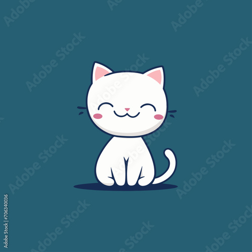 Contented White Cartoon Cat on Dark Blue Background