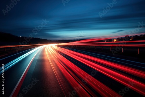 Long exposure of road with red and blue light trails of passing vehicles at night
