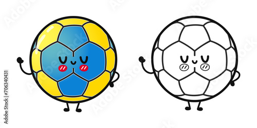 Funny cute happy Handball characters bundle set. Vector hand drawn cartoon kawaii character illustration icon. Cute Handball ball. Outline cartoon illustration for coloring book