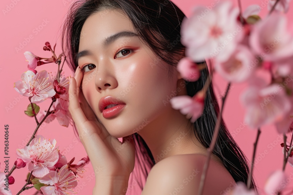 Korean Beauty Model with Flawless Skin and Spring Blossoms. GenerativeAI
