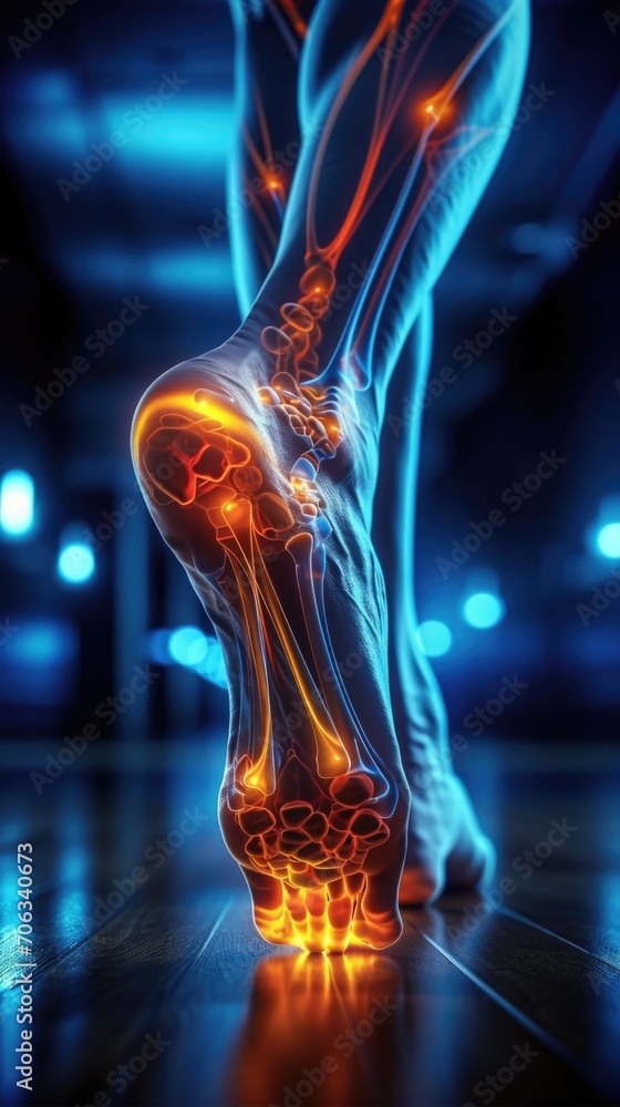 A close up of a person's foot with glowing bones. Pain visualization. - obrazy, fototapety, plakaty 