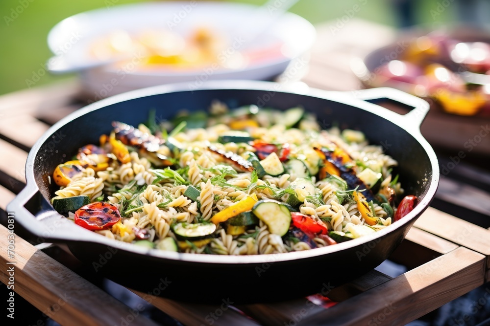pasta salad with grilled vegetables, zucchini and peppers, in a skillet pasta salad with grilled vegetables, zucchini and peppers, in a skillet