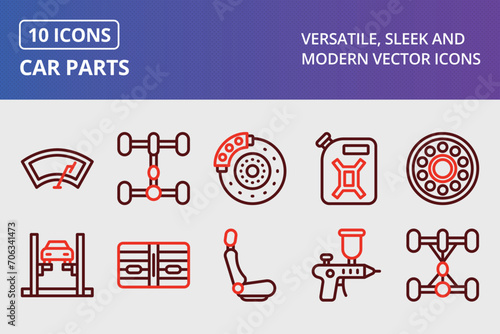 Car Parts Thick Line Two Colors Icons Set