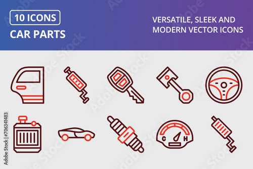 Car Parts Thick Line Two Colors Icons Set