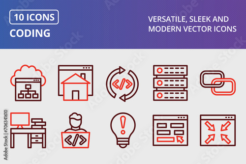 Coding Thick Line Two Colors Icons Set