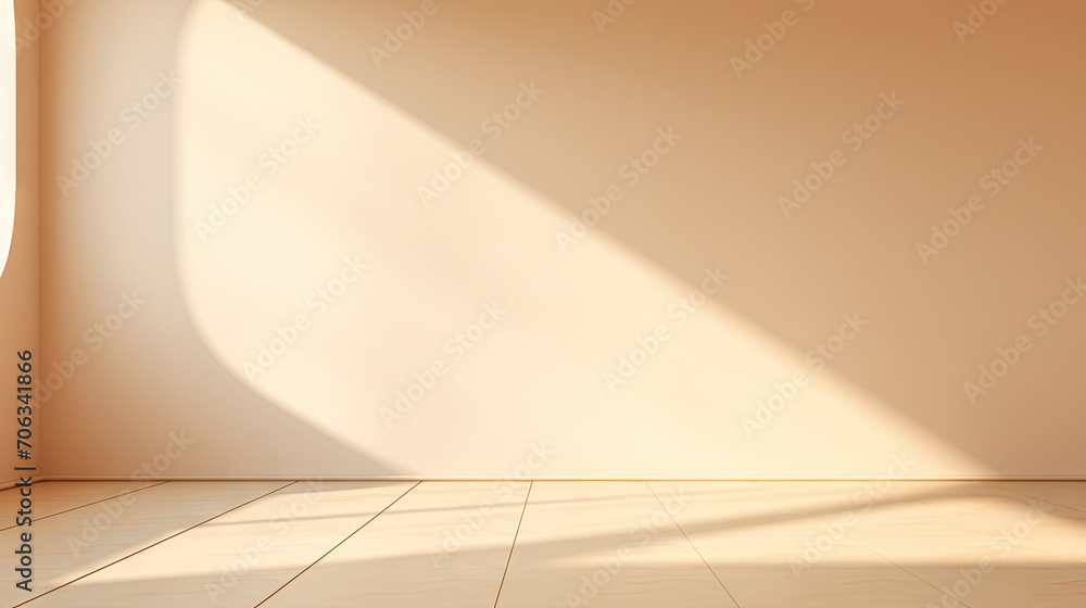 empty room with beige wall , wooden floor and spotlight, empty studio with beige wall background with shadow sunlight. A bright beige room with a warm wooden floor and modern interior. empty room with beige wall , wooden floor and spotlight, empty studio with beige wall background with shadow sunlight. A bright beige room with a warm wooden floor and modern interior.