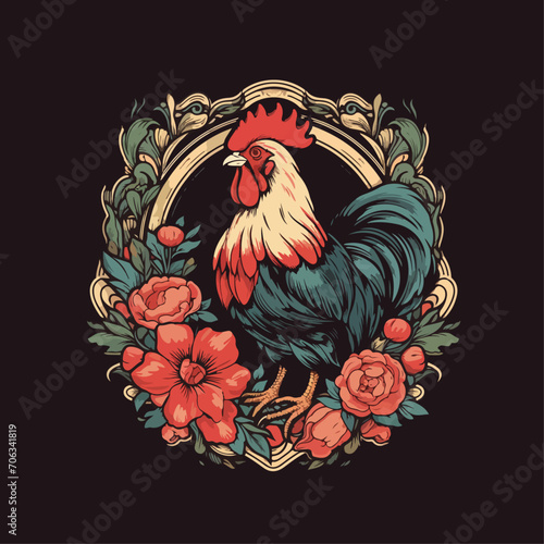 animal ornamental roosters with flower vintage border vector design for tshirt, sticker , wallpaper , print, or any other purpose v1