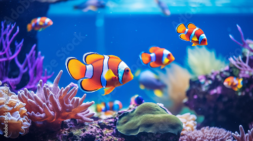 Tropical sea fishes with corals in aquarium. Colorful wildlife marine panorama.