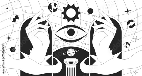 Magic fortune astronomy black and white lofi wallpaper. Esoteric astrology 2D outline cartoon flat illustration. All seeing eye, cosmic planets. Dreamy vibes vector line lo fi aesthetic background