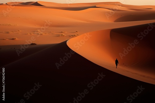 Travelers walk on these arid sand dunes  golden orange like the Sahara desert in Africa