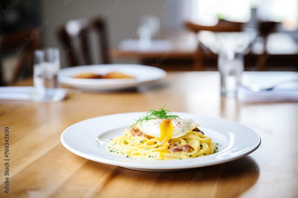 creamy carbonara with a rich egg sauce, wooden table, natural light
