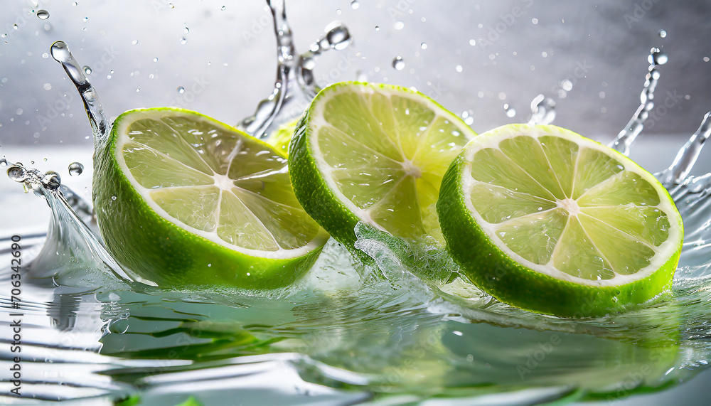 Green lemon slices in water splash, with white background Green lemon slices in water splash, with white background