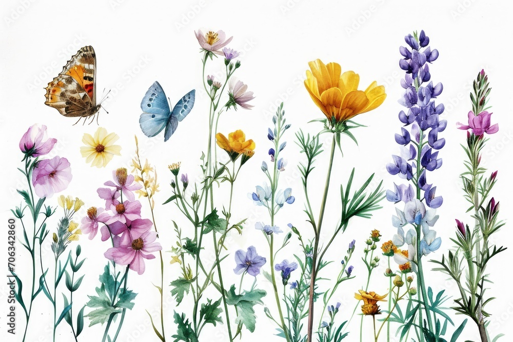 A painting featuring colorful flowers and a butterfly on a clean white background. Perfect for adding a touch of nature to any design or project