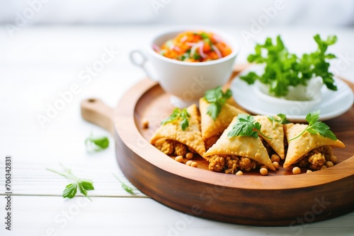 baked samosas with a bowl of chickpeas