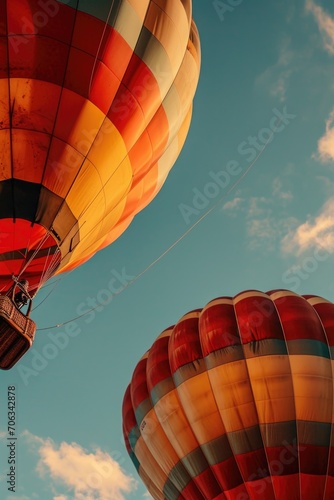 Colorful hot air balloons flying gracefully through a clear blue sky. Perfect for travel and adventure themes