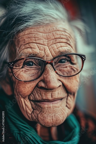 A picture of an old woman wearing glasses and a scarf. This image can be used to represent aging, wisdom, or fashion for senior women