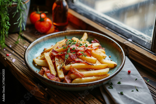 French fries with bacon and herbs on white plate, Generative Ai