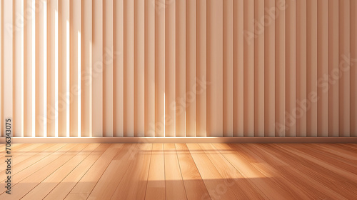 empty room with beige wall , wooden floor and spotlight, beige corrugated wall background with shadow sunlight. A bright beige room with a warm wooden floor and modern vertical blinds. © Planetz